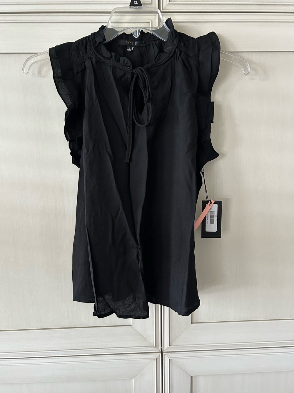 iris Black Ruffle-Trim Tie-Neck Top